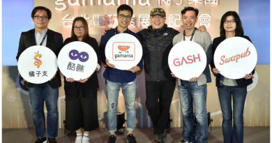 左起橘子支營運長洪紹軒、酷瞧策略長潘心慧、遊戲橘子副營運長林敬修、橘子集團董事長劉柏園、GASH營運長呂俊賢、Swapub營運長林靜怡