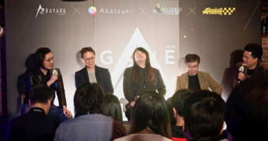 左起雷亞遊戲執行長游名揚、曉數碼遊戲總監陳韋州、希娜科藝執行長吳以尋、日商艾鳴副總張銘光、「Game Dev Night 遊戲開發之夜」主持人魏傳耕